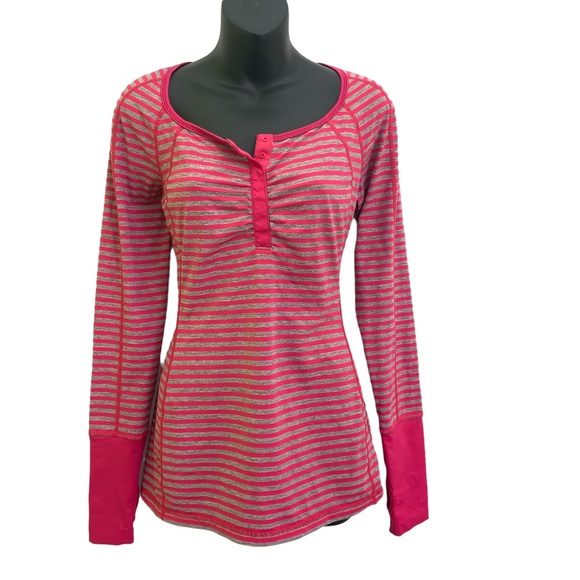 Lululemon Run Pink & Grey Striped Long Sleeve Henley Top Sz 8 - Picture 1 of 8